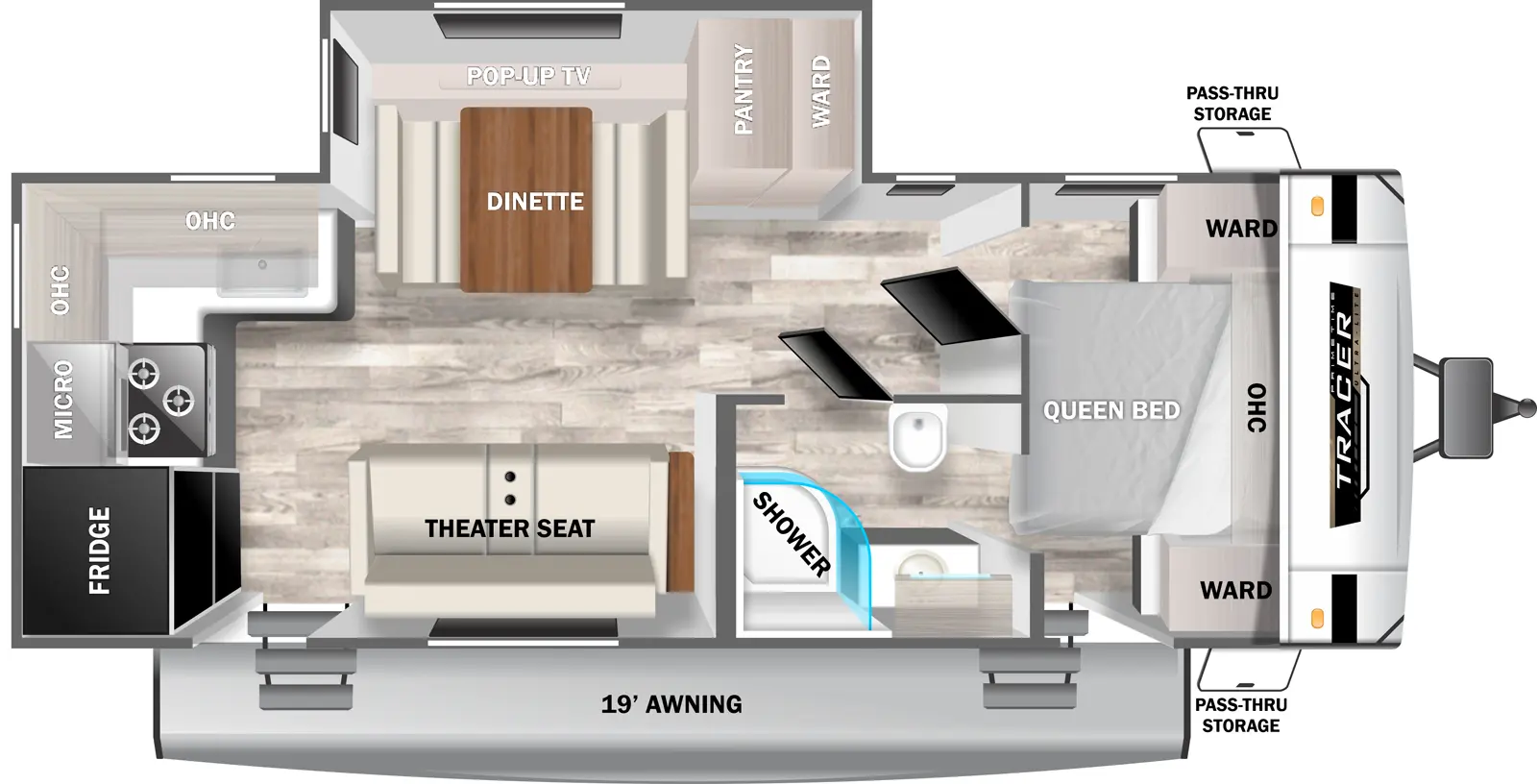 The 24RKS has one slideout and two entries. Exterior features a 19 foot awning and front pass-thru storage. Interior layout front to back: foot-facing queen bed with overhead cabinet and wardrobes on each side, and entry door; door side full pass-through bathroom; off-door side slideout with wardrobe, pantry, and dinette with pop-up TV behind; door side theater seat and second entry; kitchen counter with sink wraps from the off-door side to the rear with overhead cabinets, cooktop, microwave and refrigerator.